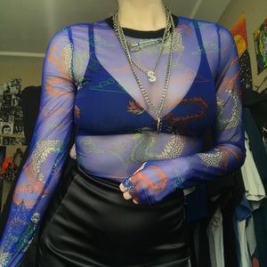 ‼️2 for $20‼️ Blue mesh dragon print top with thumb holes